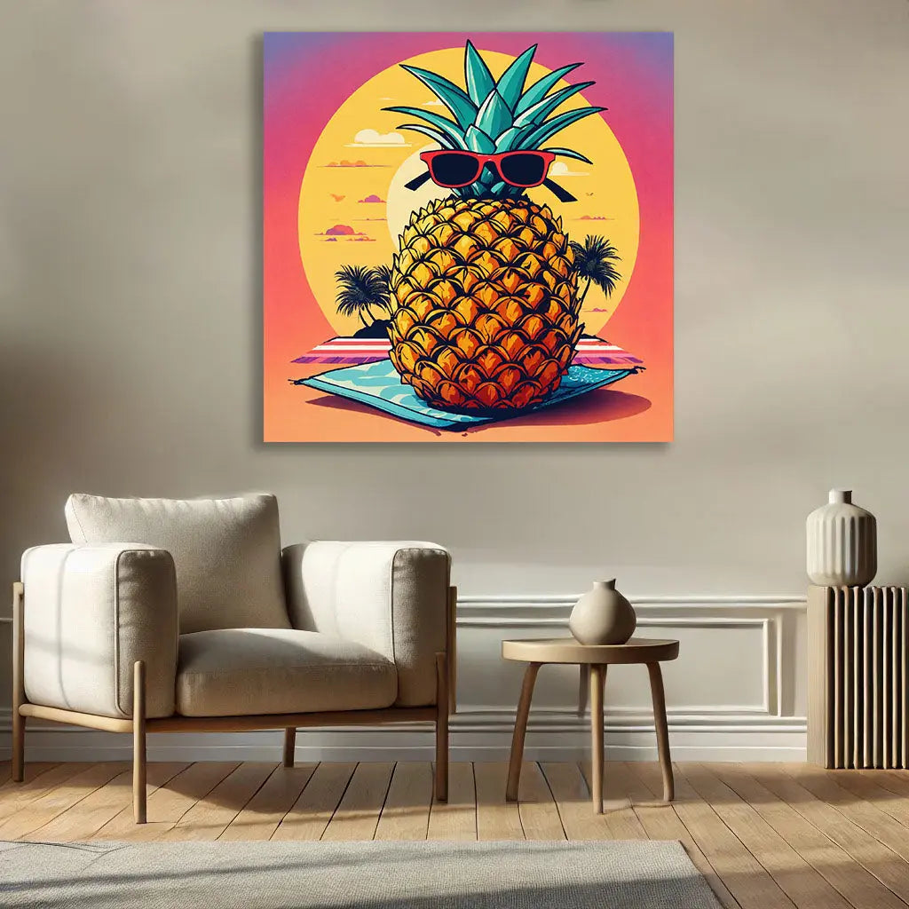 Le Tableau Ananas à lunettes s'intègre harmonieusement dans une pièce moderne, avec ses couleurs vives et son style Pop Art. Ce tableau de fruit ajoute une touche ludique et stylée, parfait pour un salon ou une cuisine.