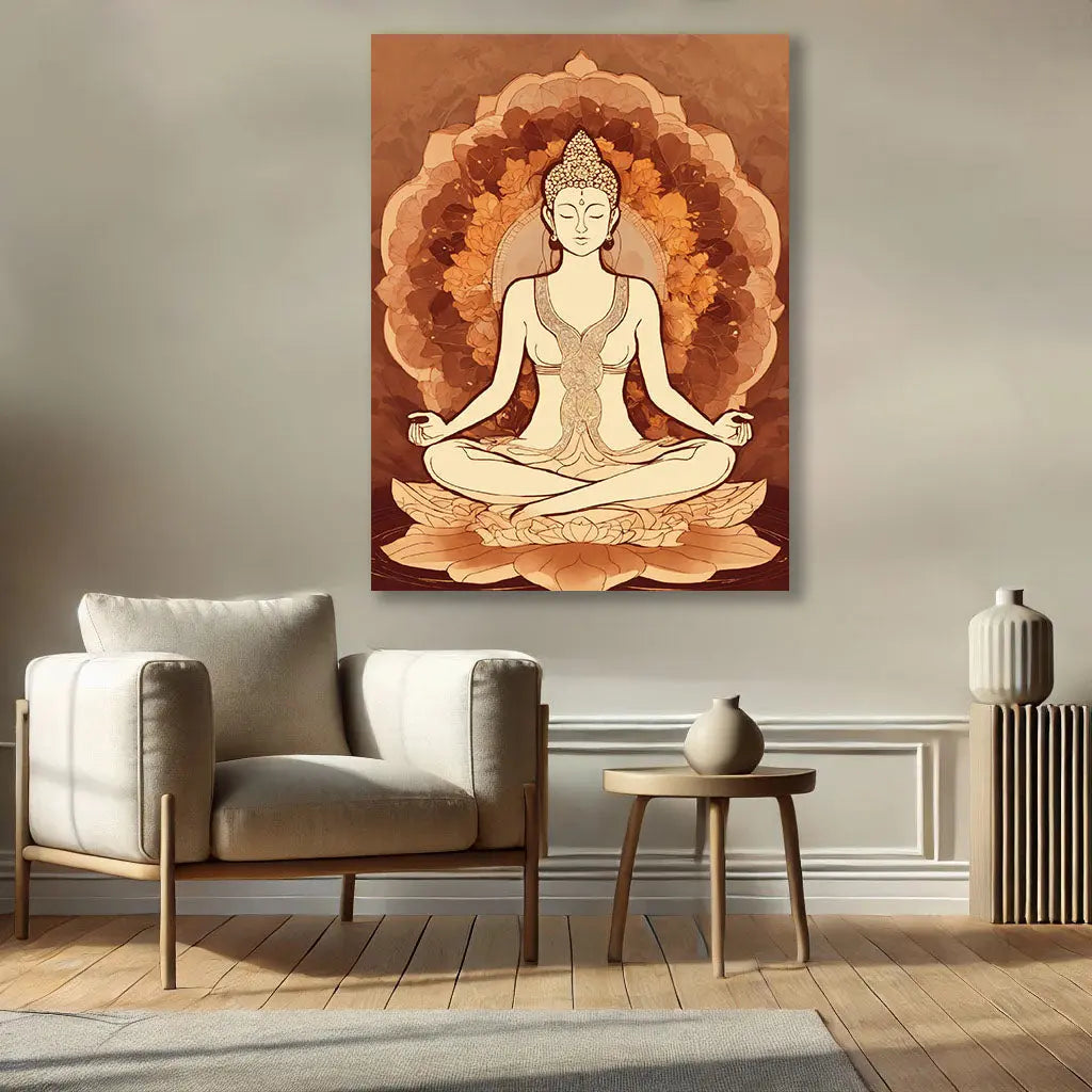 Le Tableau Bouddha Méditation dans un salon moderne, apportant une touche apaisante et artistique au décor.