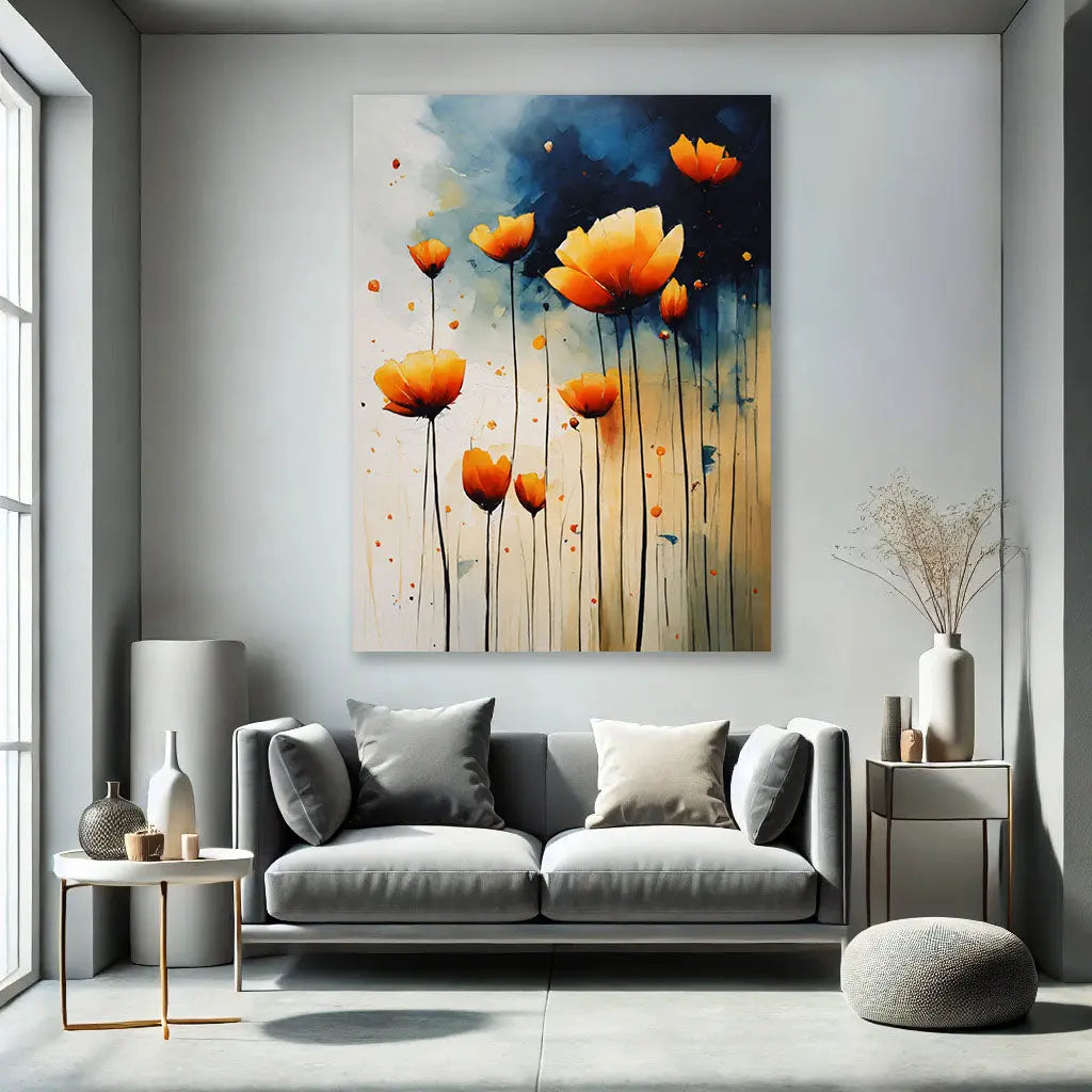 Ce Tableau Coquelicots, aux couleurs vives et au design abstrait, s'intègre harmonieusement dans une pièce lumineuse, ajoutant une touche de nature et de fraîcheur. Parfait pour une déco fleurs inspirée et dynamique.