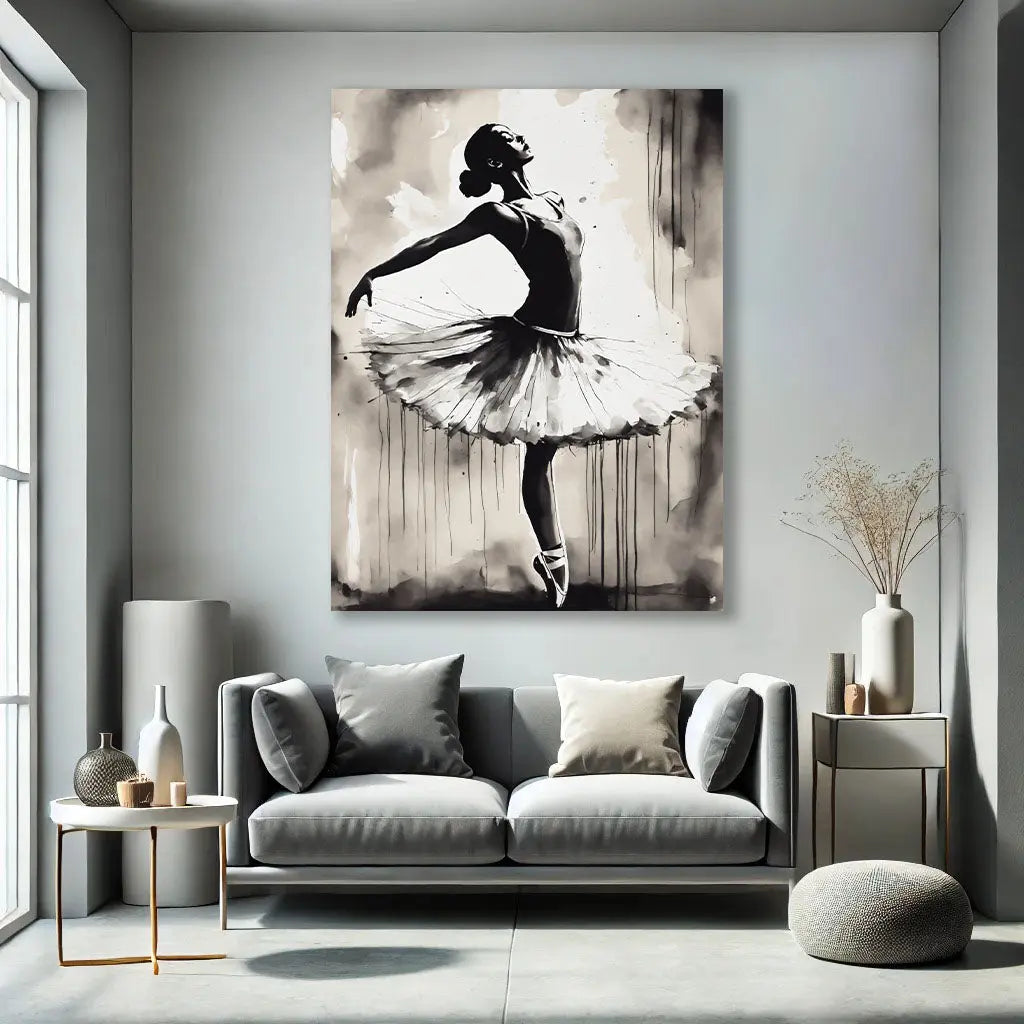 Le Tableau Danseuse Classique, avec son style aquarelle en noir et blanc, s’intègre parfaitement dans un salon ou une chambre, apportant une touche de grâce et d’élégance. Ce tableau femme enrichit le décor en ajoutant une note artistique et poétique.