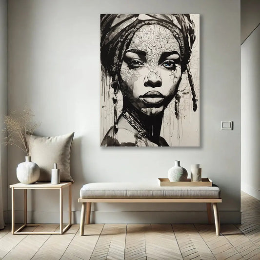 Le Tableau Femme Africaine s'intègre parfaitement dans un intérieur moderne ou ethnique, ajoutant une touche artistique et une présence imposante avec ses contrastes en noir et blanc.