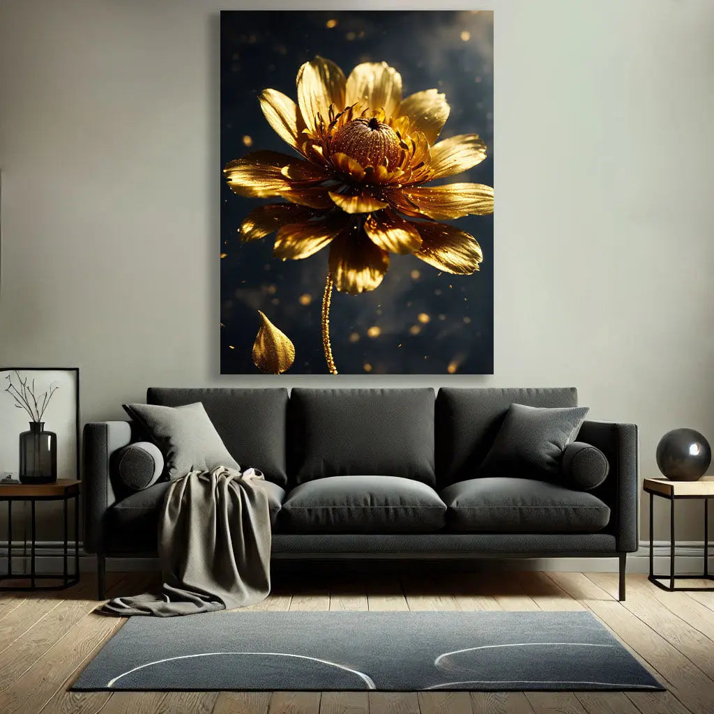 Ce Tableau Fleur de Lotus Dorée, avec ses détails dorés et son design moderne, s’intègre parfaitement dans un intérieur élégant, apportant une touche de luxe et de sérénité.