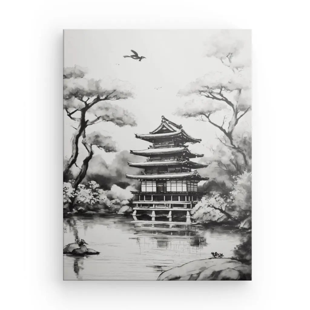 Admirez le Tableau Temple Japonais, un chef-d'œuvre en noir et blanc aux détails délicats. Sa composition artistique met en valeur l’esthétique des temples japonais et apporte une touche de sophistication.