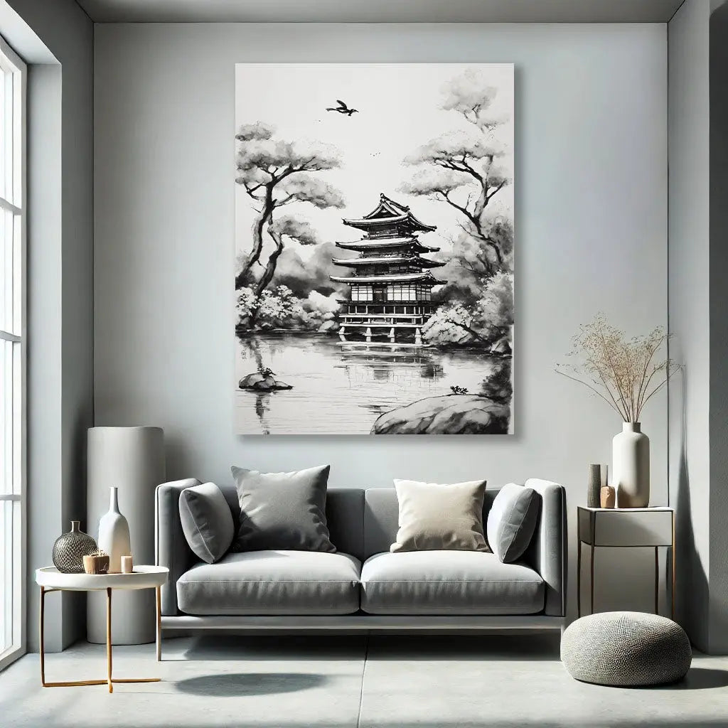 Le Tableau Temple Japonais en noir et blanc s’intègre avec élégance dans un salon ou un bureau moderne, ajoutant une touche de sérénité et de raffinement. Son design minimaliste et ses contrastes saisissants enrichissent le décor environnant.