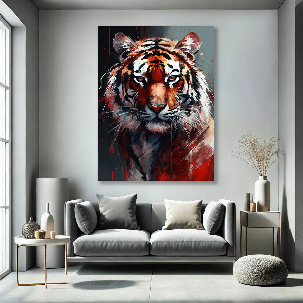 Le Tableau Tigre, avec ses nuances contrastées et son design abstrait, s’intègre parfaitement dans un salon ou un bureau, ajoutant une touche d’élégance et de puissance. Son style captivant enrichit le décor environnant en apportant un élément de fascination.