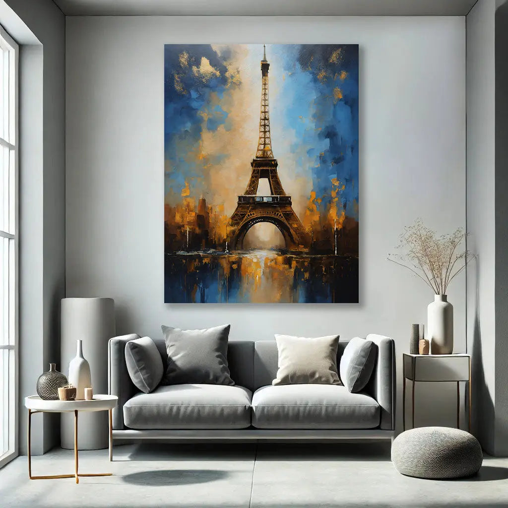 Le Tableau Tour Eiffel, avec ses détails abstraits et ses reflets, s’intègre harmonieusement dans un salon ou un bureau moderne, apportant une touche de sophistication et de charme parisien. Ce tableau monument enrichit le décor environnant avec son design captivant.